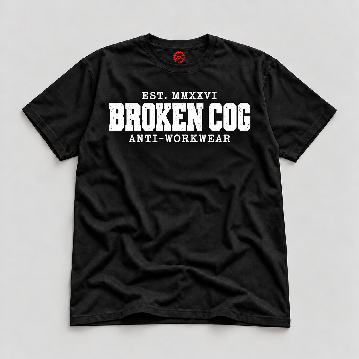 Black Broken Cog Logo Tee with the stacked white text logo and red inside neck cog
