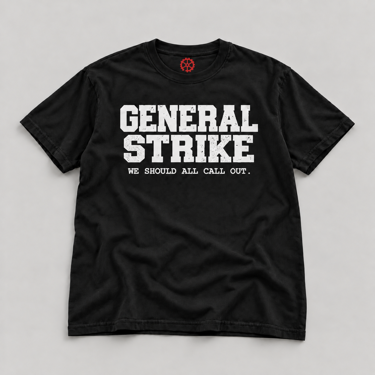 Black General Strike Tee with varsity lettering