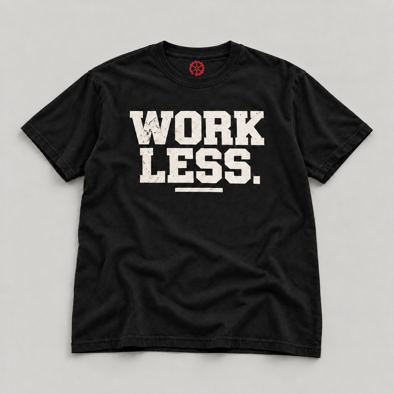 Black BROKEN COG Work Less Tee on a plain catalog background